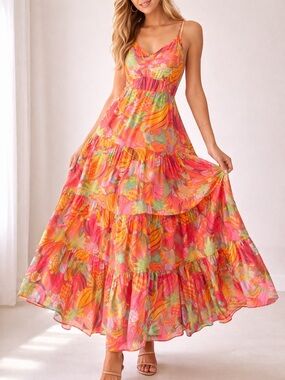 Farm Rio Tropical Fruit Tiered Midi Dress Beaded Straps Resort S